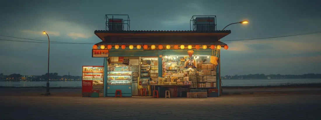 Fachada de un comercio pequeño vista desde la acera de enfrente al anochecer
