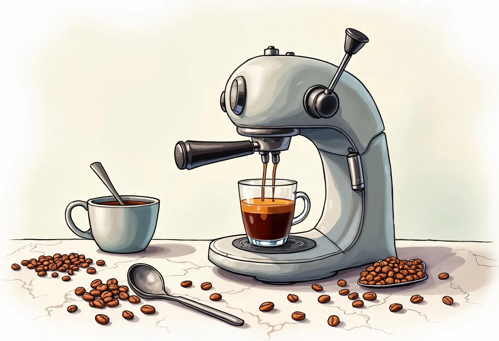 Ilustración a línea de un molinillo de café en naranja y gris oscuro