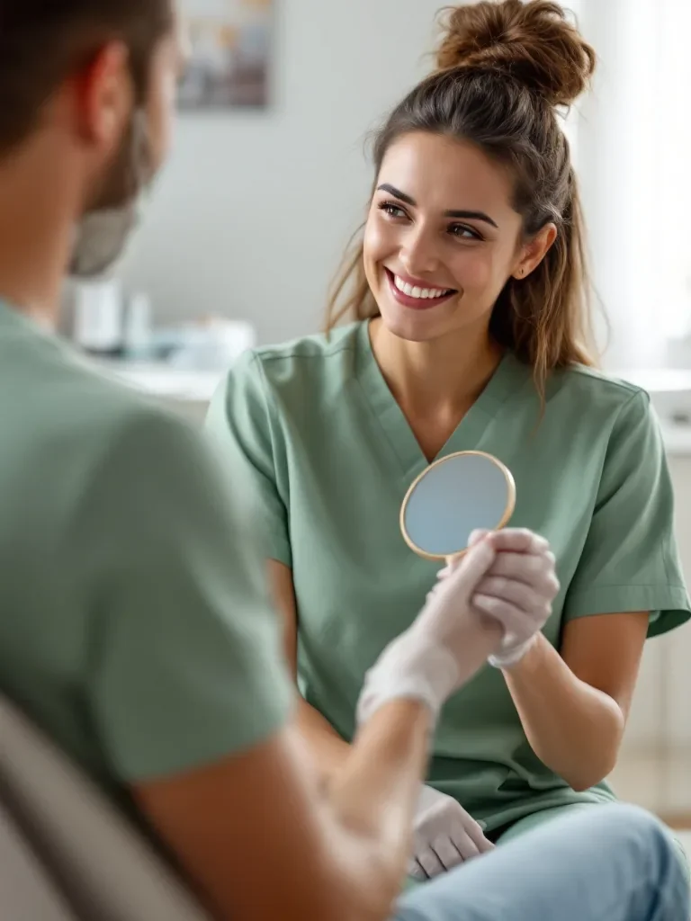Dentista enseñando el resultado a una paciente con un espejo