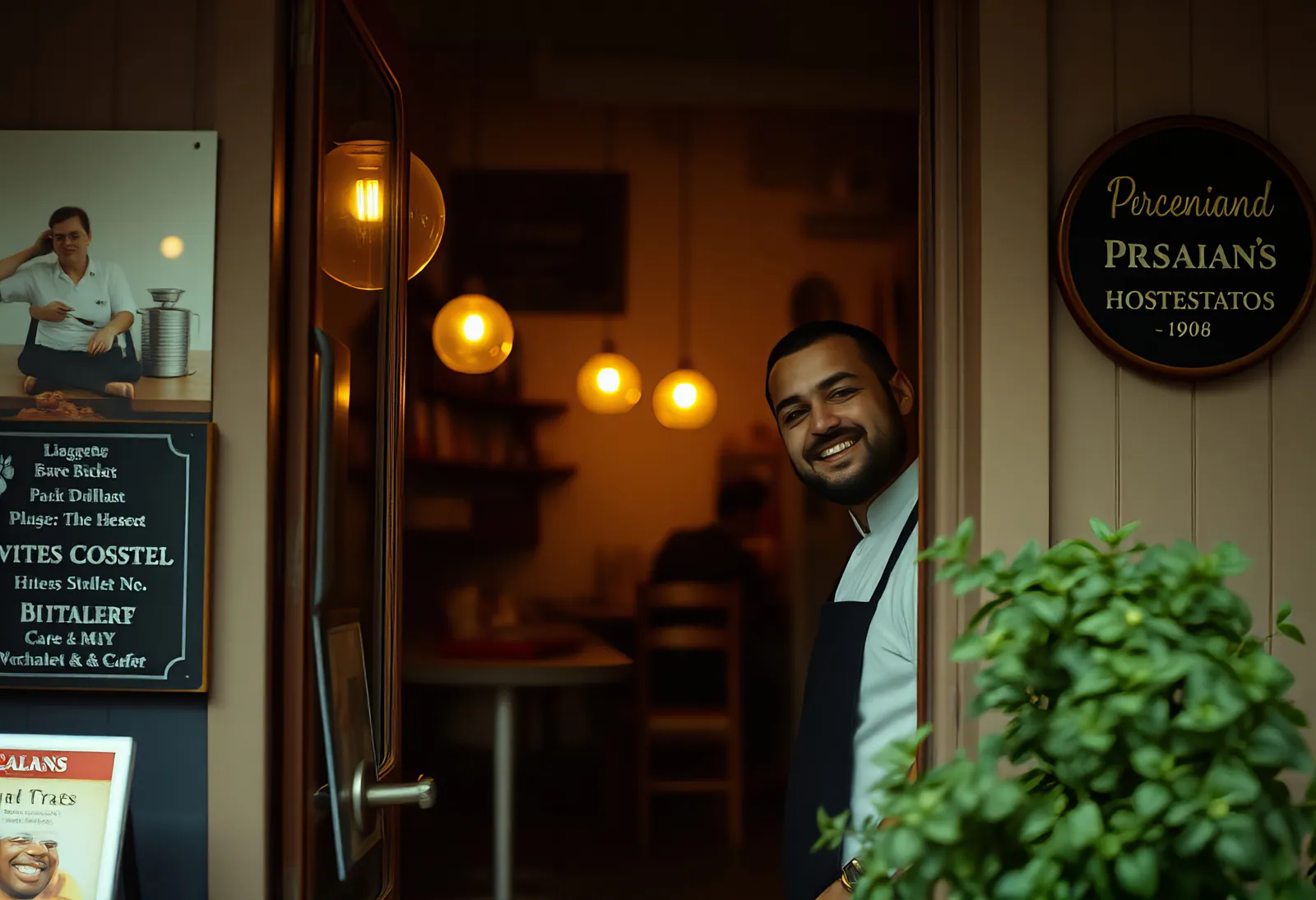 Un cocinero sonríe en la puerta abierta de su cafetería