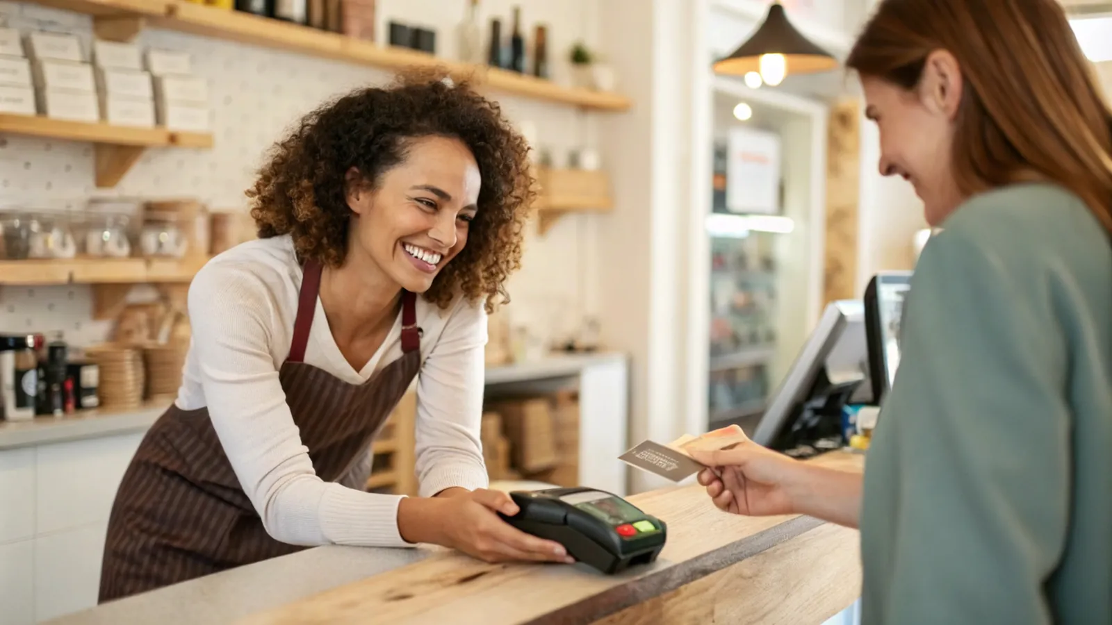 Una clienta paga con tarjeta en el mostrador de una tienda